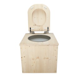 Toilette sèche en bois brut avec seau plastique 22L, bavette inox et abattant bois déclipsable