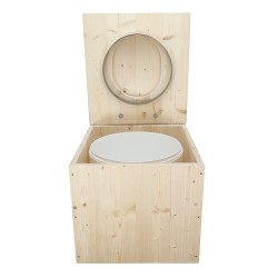 Toilette sèche en bois brut avec seau plastique 22L, bavette inox et abattant bois déclipsable