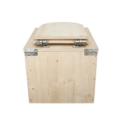 Toilette sèche en bois brut avec seau plastique 22L, bavette inox et abattant bois déclipsable
