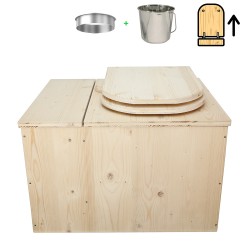 Toilette sèche avec bac à copeaux de bois intégré avec bavette inox et seau inox, abattant bois brut déclipsable