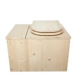 Toilette sèche avec bac à copeaux de bois intégré avec bavette inox et seau inox, abattant bois brut déclipsable