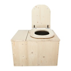 Toilette sèche avec bac à copeaux de bois intégré avec bavette inox et seau inox, abattant bois brut déclipsable