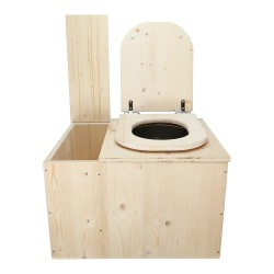 Toilette sèche avec bac à copeaux de bois intégré avec bavette inox et seau inox, abattant bois brut déclipsable