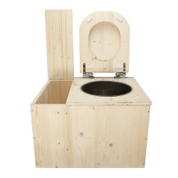Toilette sèche avec bac à copeaux de bois intégré avec bavette inox et seau inox, abattant bois brut déclipsable