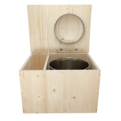 Toilette sèche avec bac à copeaux de bois intégré avec bavette inox et seau inox, abattant bois brut déclipsable