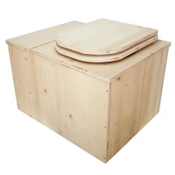 Toilette sèche avec bac à copeaux de bois intégré avec bavette inox et seau inox, abattant bois brut déclipsable