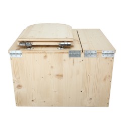 Toilette sèche avec bac à copeaux de bois intégré avec bavette inox et seau inox, abattant bois brut déclipsable