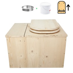 Toilette sèche avec bac à copeaux de bois intégré en bois brut avec bavette inox et seau plastique 22L, abattant déclipsable