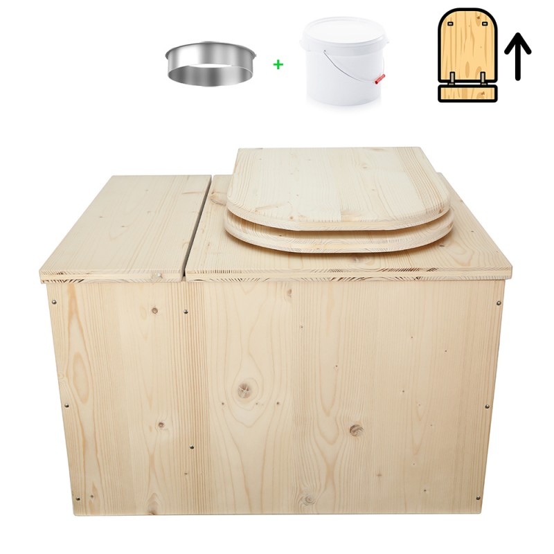 Toilette sèche avec bac à copeaux de bois intégré en bois brut avec bavette inox et seau plastique 22L, abattant déclipsable