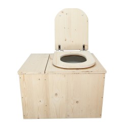 Toilette sèche avec bac à copeaux de bois intégré en bois brut avec bavette inox et seau plastique 22L, abattant déclipsable