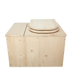 Toilette sèche avec bac à copeaux de bois intégré en bois brut avec bavette inox et seau plastique 22L, abattant déclipsable