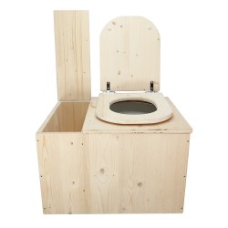 Toilette sèche avec bac à copeaux de bois intégré en bois brut avec bavette inox et seau plastique 22L, abattant déclipsable