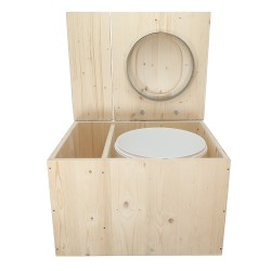 Toilette sèche avec bac à copeaux de bois intégré en bois brut avec bavette inox et seau plastique 22L, abattant déclipsable