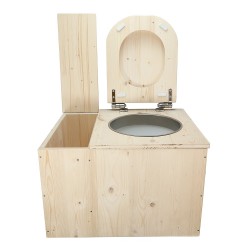 Toilette sèche avec bac à copeaux de bois intégré en bois brut avec bavette inox et seau plastique 22L, abattant déclipsable