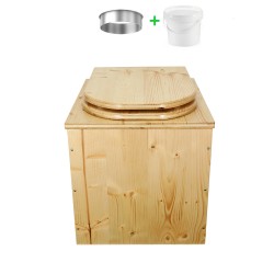 Toilette sèche en bois huilé avec seau 20L plastique et bavette inox, abattant forme "D"