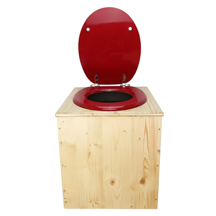  Toilette sèche rehaussée en bois huilé complète avec seau inox et bavette inox - abattant rouge