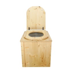 Toilette sèche en bois huilé avec seau 20L plastique et bavette inox, abattant forme "D"