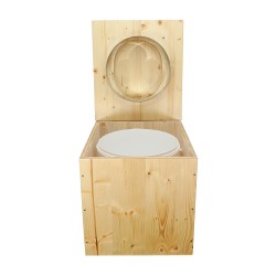 Toilette sèche en bois huilé avec seau 20L plastique et bavette inox, abattant forme "D"