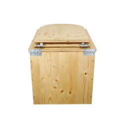 Toilette sèche en bois huilé avec seau 20L plastique et bavette inox, abattant forme "D"