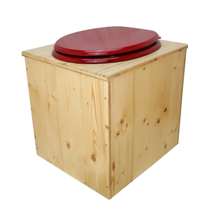  Toilette sèche rehaussée en bois huilé complète avec seau inox et bavette inox - abattant rouge