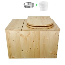 Toilette sèche avec bac à copeaux de bois huilé. Livré avec bavette inox et seau 20 litres, abattant bois forme 