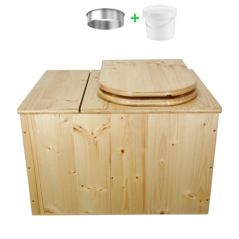 Toilette sèche avec bac à copeaux de bois huilé. Livré avec bavette inox et seau 20 litres, abattant bois forme 