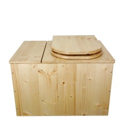 Toilette sèche avec bac à copeaux de bois huilé. Livré avec bavette inox et seau 20 litres, abattant bois forme "D"