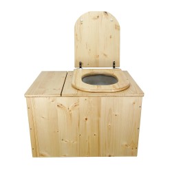 Toilette sèche avec bac à copeaux de bois huilé. Livré avec bavette inox et seau 20 litres, abattant bois forme "D"