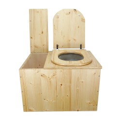 Toilette sèche avec bac à copeaux de bois huilé. Livré avec bavette inox et seau 20 litres, abattant bois forme "D"