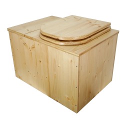 Toilette sèche avec bac à copeaux de bois huilé. Livré avec bavette inox et seau 20 litres, abattant bois forme "D"