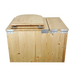 Toilette sèche avec bac à copeaux de bois huilé. Livré avec bavette inox et seau 20 litres, abattant bois forme "D"