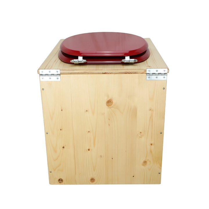  Toilette sèche rehaussée en bois huilé complète avec seau inox et bavette inox - abattant rouge