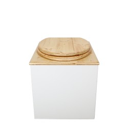 Toilette sèche en bois huilé/blanc complète avec seau 20L plastique et bavette inox