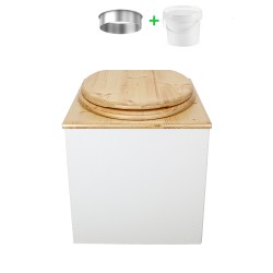 Toilette sèche en bois huilé/blanc complète avec seau 20L plastique et bavette inox