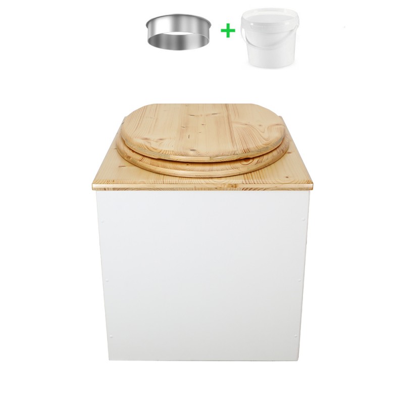 Toilette sèche en bois huilé/blanc complète avec seau 20L plastique et bavette inox