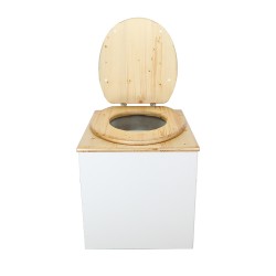 Toilette sèche en bois huilé/blanc complète avec seau 20L plastique et bavette inox