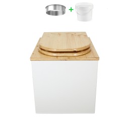 Toilette sèche en bois huilé/blanc complète avec seau 20L plastique et bavette inox, abattant forme "D"