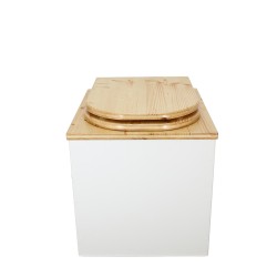 Toilette sèche en bois huilé/blanc complète avec seau 20L plastique et bavette inox, abattant forme "D"