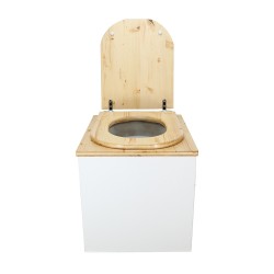 Toilette sèche en bois huilé/blanc complète avec seau 20L plastique et bavette inox, abattant forme "D"
