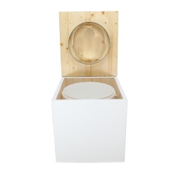 Toilette sèche en bois huilé/blanc complète avec seau 20L plastique et bavette inox, abattant forme "D"
