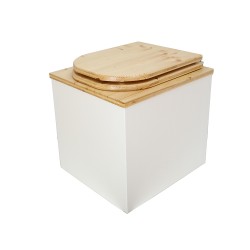 Toilette sèche en bois huilé/blanc complète avec seau 20L plastique et bavette inox, abattant forme "D"