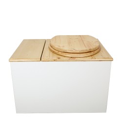 Toilette sèche avec bac intégré en bois huilé/blanc complète avec seau 20L plastique et bavette inox