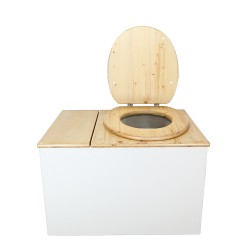 Toilette sèche avec bac intégré en bois huilé/blanc complète avec seau 20L plastique et bavette inox