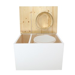 Toilette sèche avec bac intégré en bois huilé/blanc complète avec seau 20L plastique et bavette inox