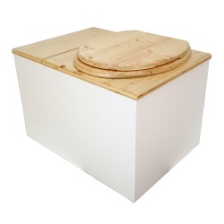 Toilette sèche avec bac intégré en bois huilé/blanc complète avec seau 20L plastique et bavette inox
