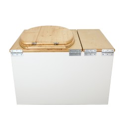 Toilette sèche avec bac intégré en bois huilé/blanc complète avec seau 20L plastique et bavette inox