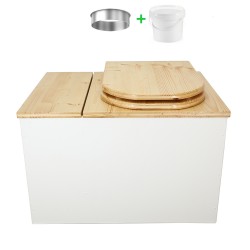 Toilette sèche avec bac intégré en bois huilé/blanc avec seau 20L plastique, abattant forme 
