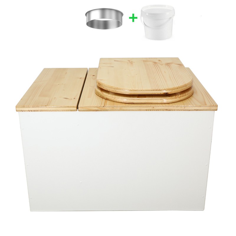 Toilette sèche avec bac intégré en bois huilé/blanc avec seau 20L plastique, abattant forme 