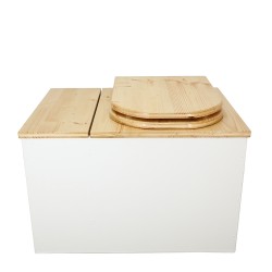 Toilette sèche avec bac intégré en bois huilé/blanc avec seau 20L plastique, abattant forme "D" et bavette inox