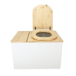 Toilette sèche avec bac intégré en bois huilé/blanc avec seau 20L plastique, abattant forme "D" et bavette inox